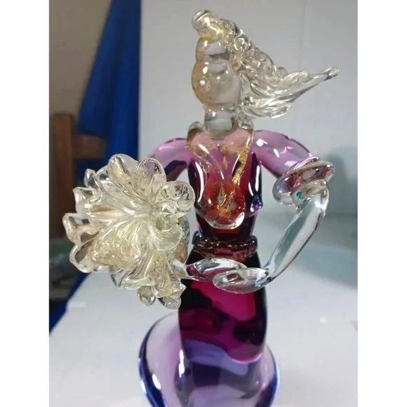Vintage XL Murano Glass Woman Flower Bouquet Figurine Green Purple Pink 24k Gold - Picture 10 of 14